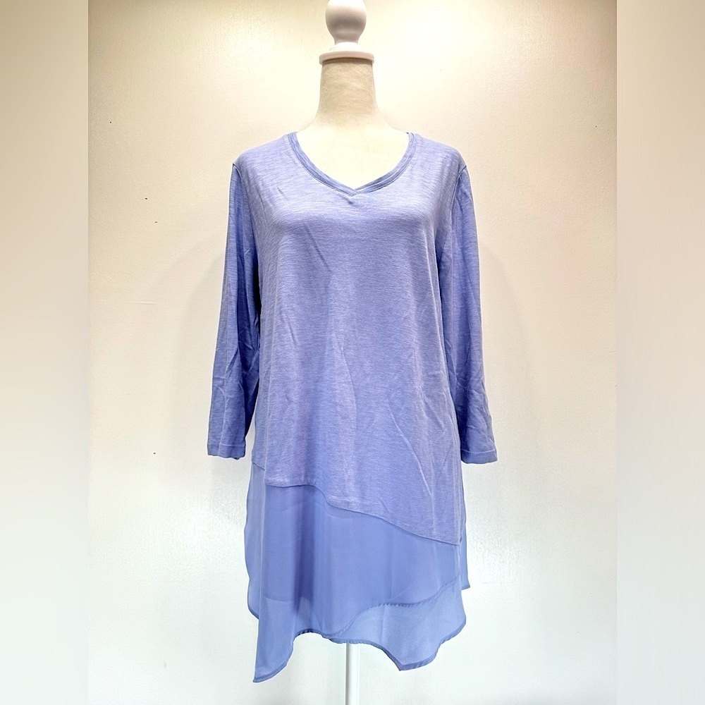 Chico’s Periwinkle Lavender Slub Knit Sheer Bottom Panel Flutter Hem Tunic 1/M